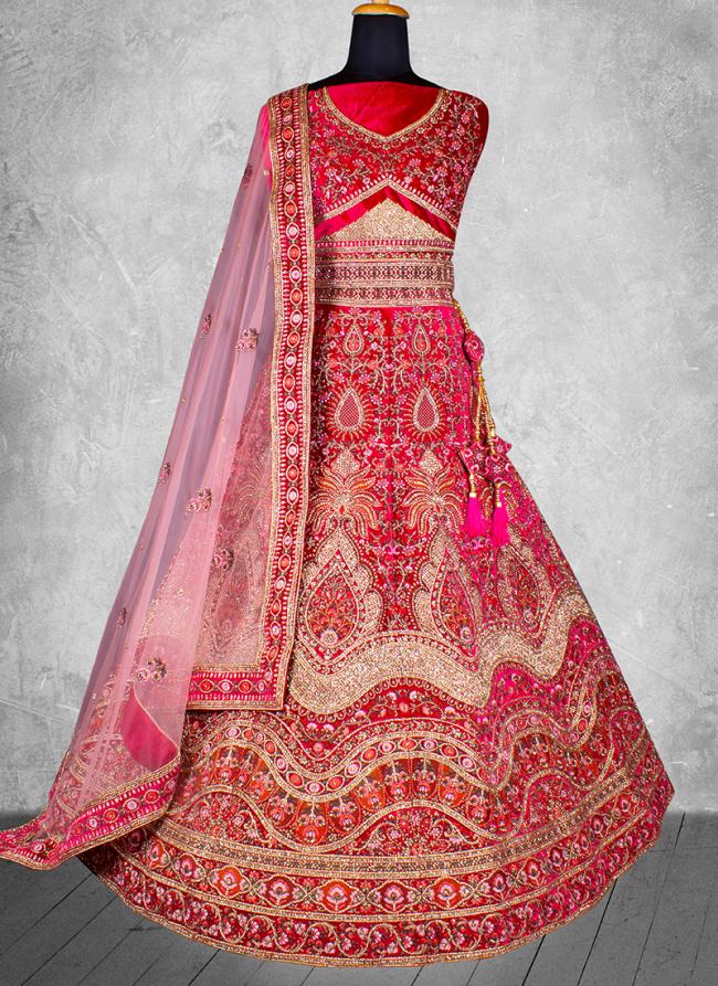 Velvet Pink Bridal Wear Embroidery Work Lehenga Choli